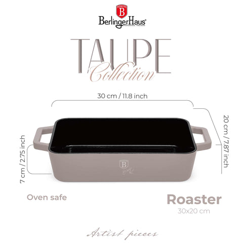 Product image of Roaster 30cm cast iron. Part of the Taupe Collection . Features: • Material: cast iron with 3 layers shiny ENAMEL coating • Size: Ø30*20 cm 3 L • Color: taupe. (Studio view). Official Berlinger Haus product, boosted by Promintra sl.