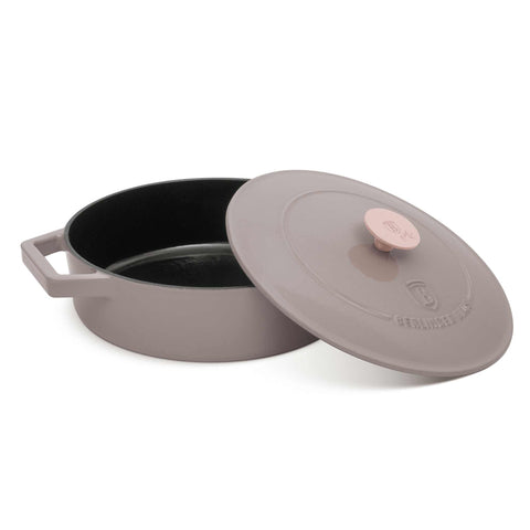 Product image of Shallow pot 26cm cast iron. Part of the Taupe Collection . Features: • Material: cast iron with 3 layers shiny ENAMEL coating • Size: Ø26*7,5 cm 2,57 L • Color: taupe. (Studio view). Official Berlinger Haus product, boosted by Promintra sl.