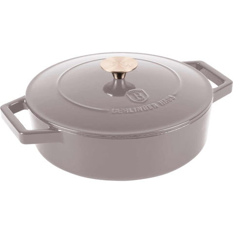 Product image of Shallow pot 26cm cast iron. Part of the Taupe Collection . Features: • Material: cast iron with 3 layers shiny ENAMEL coating • Size: Ø26*7,5 cm 2,57 L • Color: taupe. (Studio view). Official Berlinger Haus product, boosted by Promintra sl.