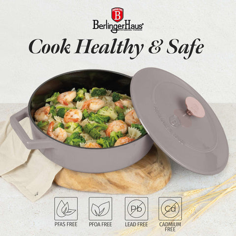 Product image of Shallow pot 26cm cast iron. Part of the Taupe Collection . Features: • Material: cast iron with 3 layers shiny ENAMEL coating • Size: Ø26*7,5 cm 2,57 L • Color: taupe. (Studio view). Official Berlinger Haus product, boosted by Promintra sl.