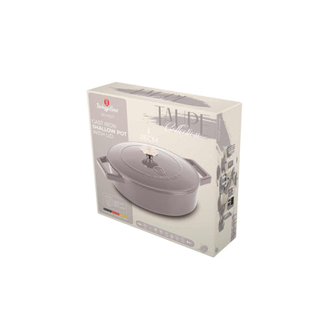 Product image of Shallow pot 26cm cast iron. Part of the Taupe Collection . Features: • Material: cast iron with 3 layers shiny ENAMEL coating • Size: Ø26*7,5 cm 2,57 L • Color: taupe. (Studio view). Official Berlinger Haus product, boosted by Promintra sl.