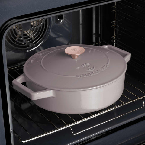 Product image of Shallow pot 26cm cast iron. Part of the Taupe Collection . Features: • Material: cast iron with 3 layers shiny ENAMEL coating • Size: Ø26*7,5 cm 2,57 L • Color: taupe. (Studio view). Official Berlinger Haus product, boosted by Promintra sl.