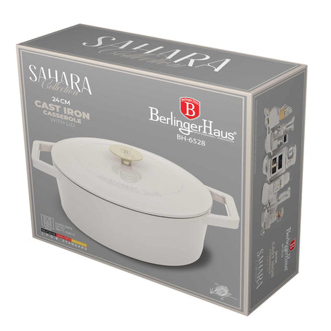 Product image of Casserole 24cm cast iron. Part of the Sahara Collection . Features: • Material: cast iron with 3 layers shiny ENAMEL coating • Size: Ø24*11 cm 4,35 L • Color: cream. (Studio view). Official Berlinger Haus product, boosted by Promintra sl.