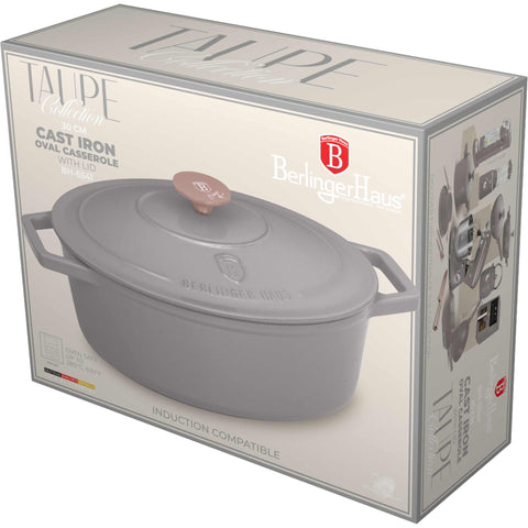 Product image of Oval roaster 30cm cast iron. Part of the Taupe Collection . Features: • Material: cast iron with 3 layers shiny ENAMEL coating • Size: Ø30*12 cm 4,65 L • Color: taupe. (Studio view). Official Berlinger Haus product, boosted by Promintra sl.
