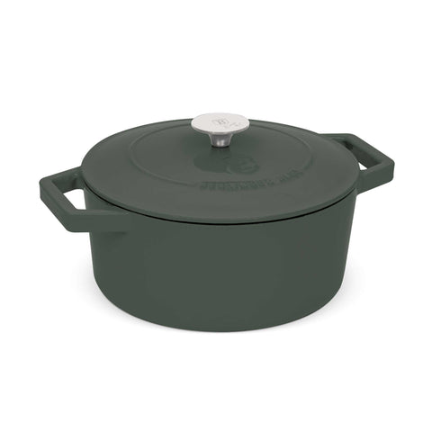 Product image of Casserole 24cm cast iron. Part of the Matte Green Collection . Features: • Material: cast iron with 3 layers shiny ENAMEL coating • Size: Ø24*11 cm 4,35 L • Color: matt green. (Studio view). Official Berlinger Haus product, boosted by Promintra sl.