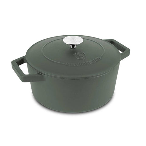 Product image of Casserole 24cm cast iron. Part of the Matte Green Collection . Features: • Material: cast iron with 3 layers shiny ENAMEL coating • Size: Ø24*11 cm 4,35 L • Color: matt green. (Studio view). Official Berlinger Haus product, boosted by Promintra sl.