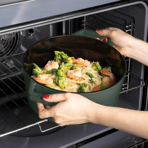 Product image of Casserole 24cm cast iron. Part of the Matte Green Collection . Features: • Material: cast iron with 3 layers shiny ENAMEL coating • Size: Ø24*11 cm 4,35 L • Color: matt green. (Studio view). Official Berlinger Haus product, boosted by Promintra sl.
