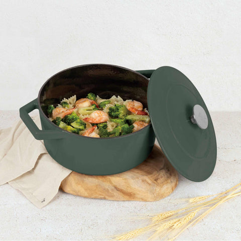 Product image of Casserole 24cm cast iron. Part of the Matte Green Collection . Features: • Material: cast iron with 3 layers shiny ENAMEL coating • Size: Ø24*11 cm 4,35 L • Color: matt green. (Studio view). Official Berlinger Haus product, boosted by Promintra sl.