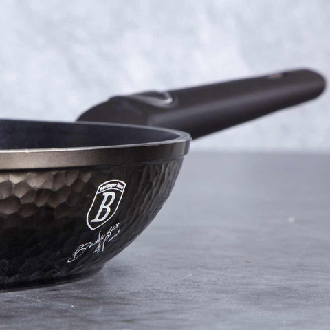 Product image of Frypan 20cm. Part of the Primal Gloss Collection . Features: • Material: forged aluminum • Frypan Ø20*4,5 cm 1,0L • Color: dark grey with black shadow and shining hammer effect REGISTERED DESIGN BY BERLINGER .... (Studio view). Official Berlinger Haus product, boosted by Promintra sl.