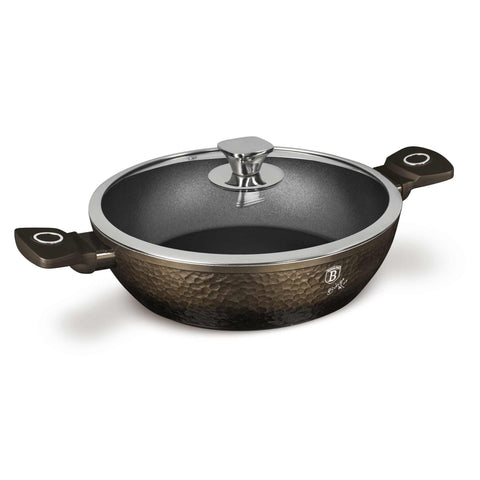 Product image of Shallow pot with lid 28cm. Part of the Primal Gloss Collection . Features: • Material: forged aluminum • Shallow pot with lid Ø28*7,5 cm 3,8L • Color: dark grey with black shadow and shining hammer effect REGISTERED DESIGN.... (Studio view). Official Berlinger Haus product, boosted by Promintra sl.