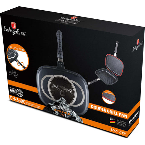 Product image of Double frypan 32cm. Part of the Granit Diamond Line . Features: • Material: cast aluminium • Size: 32*24*7 cm • Color: matt black and orange. (Studio view). Official Berlinger Haus product, boosted by Promintra sl.