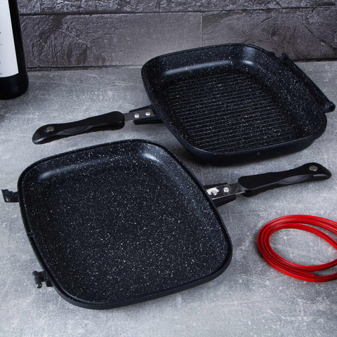 Product image of Double frypan 32cm. Part of the Granit Diamond Line . Features: • Material: cast aluminium • Size: 32*24*7 cm • Color: matt black and orange. (Studio view). Official Berlinger Haus product, boosted by Promintra sl.