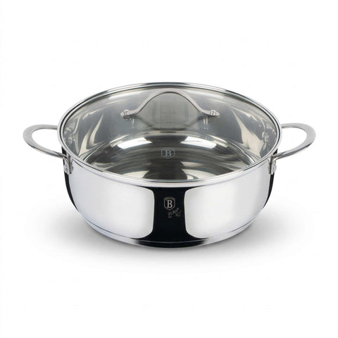 Product image of Shallow pot with lid 24cm. Part of the Silver Jewellery Collection . Features: • Material: 18/10 stainless steel • Shallow pot with lid Ø24*8 cm 3,2L • Color: stainless steel. (Studio view). Official Berlinger Haus product, boosted by Promintra sl.