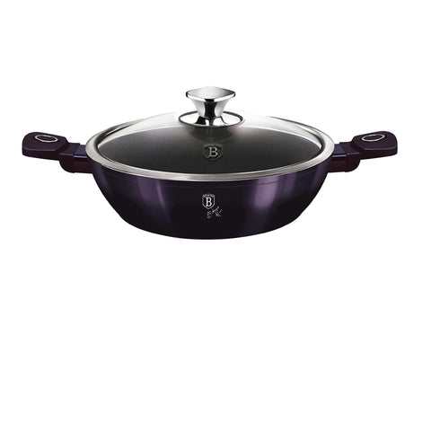 Product image of Shallow pot with lid 24cm. Part of the Purple Eclipse Collection . Features: • Material: forged aluminum • Shallow pot with lid Ø24*6,5 cm 2,3L • Color: metallic purple with black shadow shadow REGISTERED DESIGN BY BERLINGER.... (Studio view). Official Berlinger Haus product, boosted by Promintra sl.