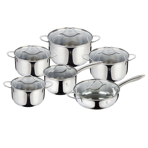 Product image of 12pcs cookware set. Part of the Silver Jewellery Collection . Features: • Material: 18/10 stainless steel • Include: • Sauce pan with lid Ø16*9,5 cm 1,9L • Frypan with lid Ø24*6,5 cm • Casserole with lid Ø16*9,5 cm 1,9L.... (Studio view). Official Berlinger Haus product, boosted by Promintra sl.