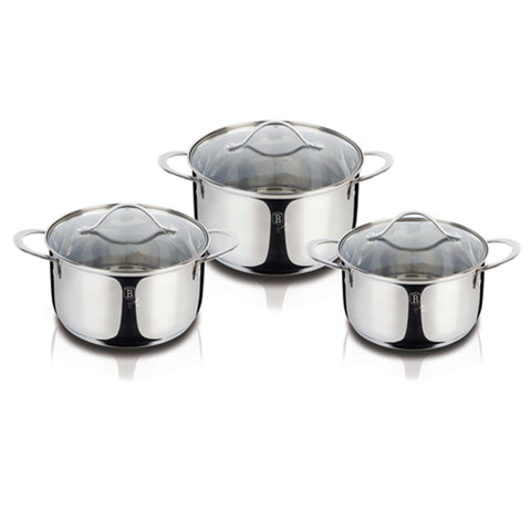 Product image of 6pcs cookware set. Part of the Silver Jewellery Collection . Features: • Material: 18/10 stainless steel • Include: • Casserole with lid Ø16*9,5 cm 1,9L • Casserole with lid Ø18*10,5 cm 2,6L • Casserole with lid Ø20*11.... (Studio view). Official Berlinger Haus product, boosted by Promintra sl.
