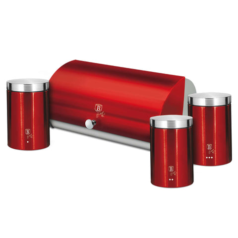 Product image of Bread box with 3pcs canister set. Part of the Metallic Line Burgundy Edition . Features: • Material: stainless steel • Include: • Bread box 38,5*28*18,5 cm • Sugar canister Ø11*17,8 cm • Tea canister Ø11*17,8 cm • Coffee canister Ø11*17.... (Studio view). Official Berlinger Haus product, boosted by Promintra sl.