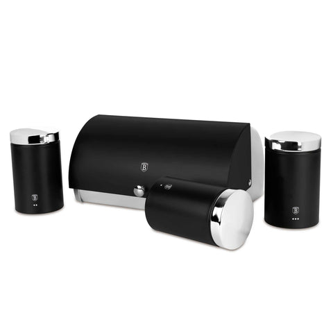 Product image of Bread box with 3pcs canister set. Part of the Black Vantage Collection/Matte Black Collection/Black Silver Collection . Features: • Material: stainless steel • Include: • Bread box 38,5*28*18,5 cm • Sugar canister Ø11*17,8 cm • Tea canister Ø11*17,8 cm • Coffee canister Ø11*17.... (Studio view). Official Berlinger Haus product, boosted by Promintra sl.