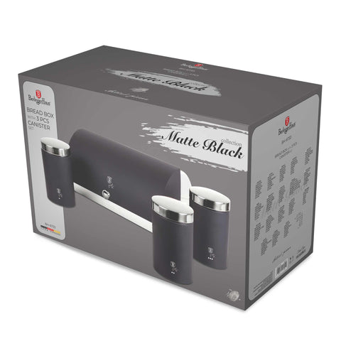 Product image of Bread box with 3pcs canister set. Part of the Black Vantage Collection/Matte Black Collection/Black Silver Collection . Features: • Material: stainless steel • Include: • Bread box 38,5*28*18,5 cm • Sugar canister Ø11*17,8 cm • Tea canister Ø11*17,8 cm • Coffee canister Ø11*17.... (Studio view). Official Berlinger Haus product, boosted by Promintra sl.