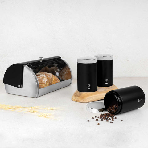 Product image of Bread box with 3pcs canister set. Part of the Black Vantage Collection/Matte Black Collection/Black Silver Collection . Features: • Material: stainless steel • Include: • Bread box 38,5*28*18,5 cm • Sugar canister Ø11*17,8 cm • Tea canister Ø11*17,8 cm • Coffee canister Ø11*17.... (Studio view). Official Berlinger Haus product, boosted by Promintra sl.
