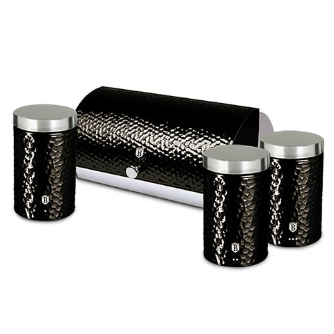 Product image of Bread box with 3pcs canister set. Part of the Primal Gloss Collection/Shine Basalt Collection . Features: • Material: stainless steel • Include: • Bread box 38,5*28*18,5 cm • Sugar canister Ø11*17,8 cm • Tea canister Ø11*17,8 cm • Coffee canister Ø11*17.... (Studio view). Official Berlinger Haus product, boosted by Promintra sl.