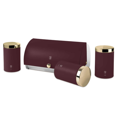 Product image of Bread box with 3pcs canister set. Part of the Leonardo Collection . Features: • Material: stainless steel • Include: • Bread box 38,5*28*18,5 cm • Sugar canister Ø11*17,8 cm • Tea canister Ø11*17,8 cm • Coffee canister Ø11*17.... (Studio view). Official Berlinger Haus product, boosted by Promintra sl.