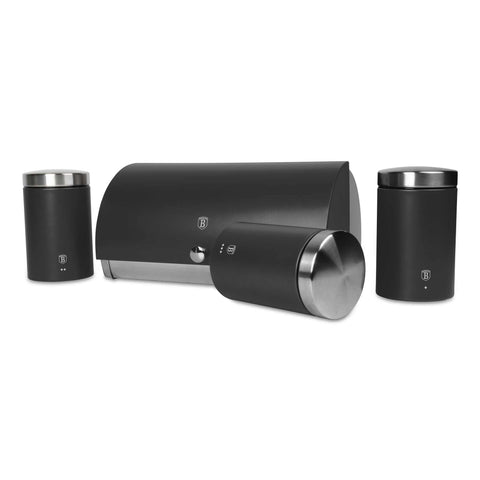 Product image of Bread box with 3pcs canister set. Part of the Anthracite Collection . Features: • Material: stainless steel • Include: • Bread box 38,5*28*18,5 cm • Sugar canister Ø11*17,8 cm • Tea canister Ø11*17,8 cm • Coffee canister Ø11*17.... (Studio view). Official Berlinger Haus product, boosted by Promintra sl.