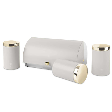 Product image of Bread box with 3pcs canister set. Part of the Sahara Collection . Features: • Material: stainless steel • Include: • Bread box 38,5*28*18,5 cm • Sugar canister Ø11*17,8 cm • Tea canister Ø11*17,8 cm • Coffee canister Ø11*17.... (Studio view). Official Berlinger Haus product, boosted by Promintra sl.