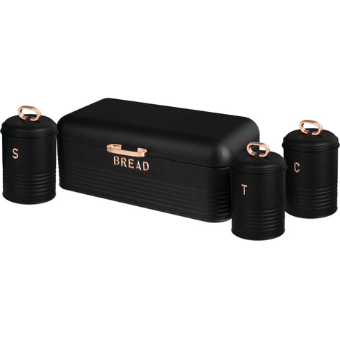 Product image of Bread box with 3pcs canister set. Part of the Black Rose Collection . Features: • Material: carbon steel • Bread box 42,5*23*16 cm • Sugar canister Ø11,5*15-19 cm • Tea canister Ø11,5*15-19 cm • Coffee canister Ø11,5*15-19 cm •.... (Studio view). Official Berlinger Haus product, boosted by Promintra sl.