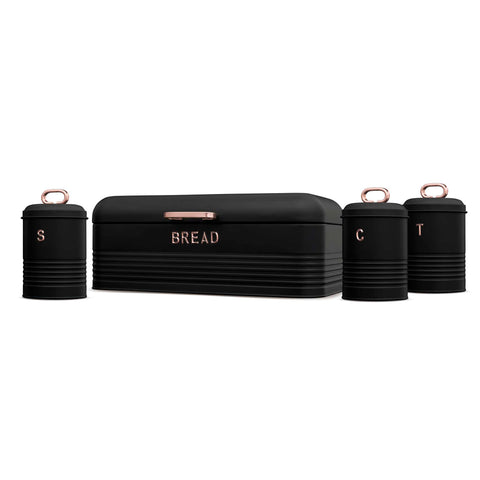 Product image of Bread box with 3pcs canister set. Part of the Black Rose Collection . Features: • Material: carbon steel • Bread box 42,5*23*16 cm • Sugar canister Ø11,5*15-19 cm • Tea canister Ø11,5*15-19 cm • Coffee canister Ø11,5*15-19 cm •.... (Studio view). Official Berlinger Haus product, boosted by Promintra sl.