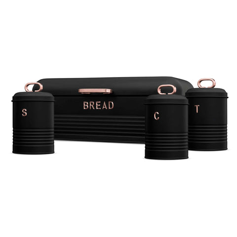 Product image of Bread box with 3pcs canister set. Part of the Black Rose Collection . Features: • Material: carbon steel • Bread box 42,5*23*16 cm • Sugar canister Ø11,5*15-19 cm • Tea canister Ø11,5*15-19 cm • Coffee canister Ø11,5*15-19 cm •.... (Studio view). Official Berlinger Haus product, boosted by Promintra sl.
