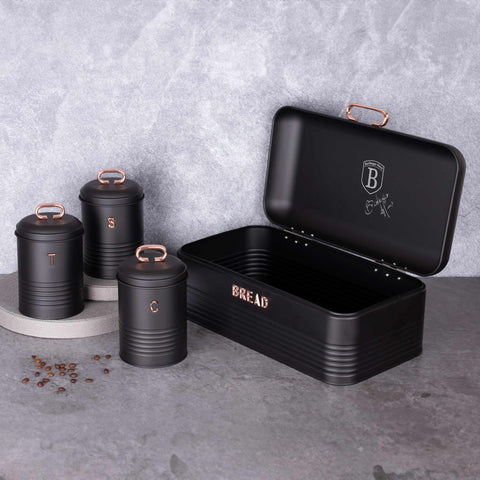 Product image of Bread box with 3pcs canister set. Part of the Black Rose Collection . Features: • Material: carbon steel • Bread box 42,5*23*16 cm • Sugar canister Ø11,5*15-19 cm • Tea canister Ø11,5*15-19 cm • Coffee canister Ø11,5*15-19 cm •.... (Studio view). Official Berlinger Haus product, boosted by Promintra sl.