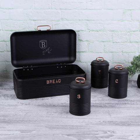 Product image of Bread box with 3pcs canister set. Part of the Black Rose Collection . Features: • Material: carbon steel • Bread box 42,5*23*16 cm • Sugar canister Ø11,5*15-19 cm • Tea canister Ø11,5*15-19 cm • Coffee canister Ø11,5*15-19 cm •.... (Studio view). Official Berlinger Haus product, boosted by Promintra sl.