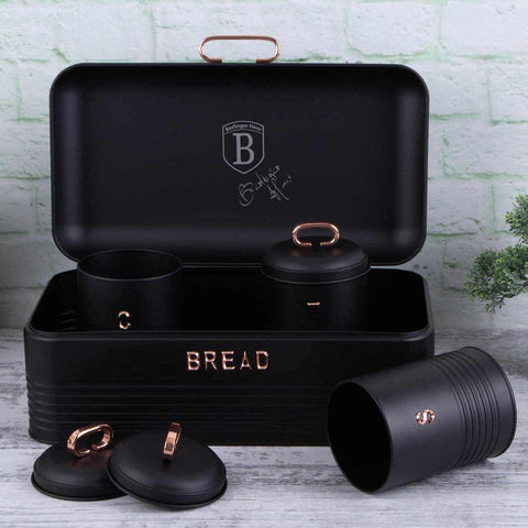 Product image of Bread box with 3pcs canister set. Part of the Black Rose Collection . Features: • Material: carbon steel • Bread box 42,5*23*16 cm • Sugar canister Ø11,5*15-19 cm • Tea canister Ø11,5*15-19 cm • Coffee canister Ø11,5*15-19 cm •.... (Studio view). Official Berlinger Haus product, boosted by Promintra sl.