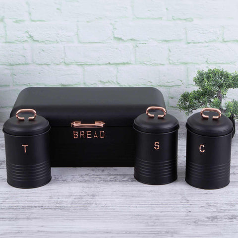 Product image of Bread box with 3pcs canister set. Part of the Black Rose Collection . Features: • Material: carbon steel • Bread box 42,5*23*16 cm • Sugar canister Ø11,5*15-19 cm • Tea canister Ø11,5*15-19 cm • Coffee canister Ø11,5*15-19 cm •.... (Studio view). Official Berlinger Haus product, boosted by Promintra sl.