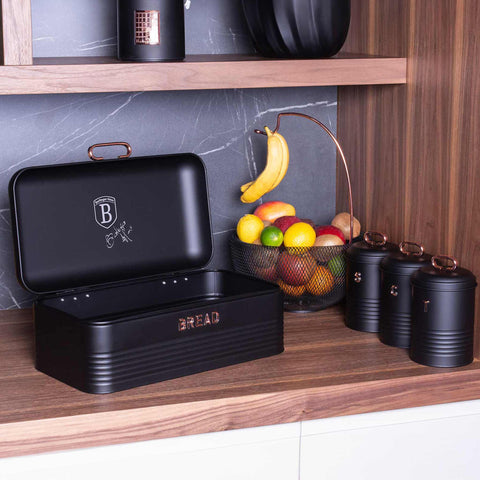 Product image of Bread box with 3pcs canister set. Part of the Black Rose Collection . Features: • Material: carbon steel • Bread box 42,5*23*16 cm • Sugar canister Ø11,5*15-19 cm • Tea canister Ø11,5*15-19 cm • Coffee canister Ø11,5*15-19 cm •.... (Studio view). Official Berlinger Haus product, boosted by Promintra sl.