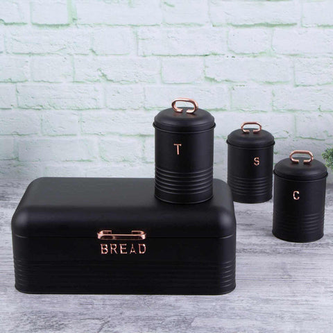 Product image of Bread box with 3pcs canister set. Part of the Black Rose Collection . Features: • Material: carbon steel • Bread box 42,5*23*16 cm • Sugar canister Ø11,5*15-19 cm • Tea canister Ø11,5*15-19 cm • Coffee canister Ø11,5*15-19 cm •.... (Studio view). Official Berlinger Haus product, boosted by Promintra sl.