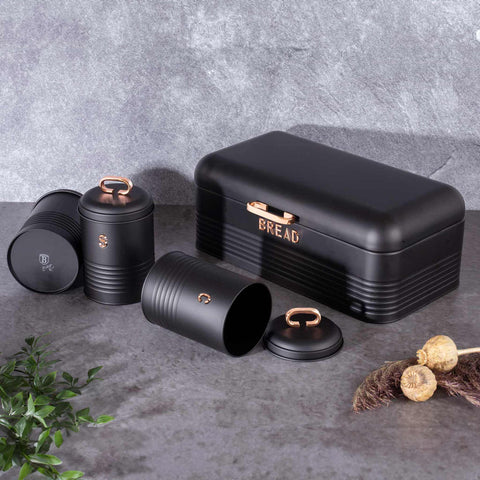 Product image of Bread box with 3pcs canister set. Part of the Black Rose Collection . Features: • Material: carbon steel • Bread box 42,5*23*16 cm • Sugar canister Ø11,5*15-19 cm • Tea canister Ø11,5*15-19 cm • Coffee canister Ø11,5*15-19 cm •.... (Studio view). Official Berlinger Haus product, boosted by Promintra sl.