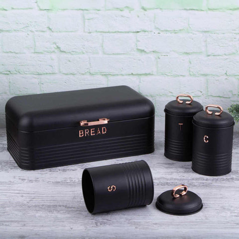Product image of Bread box with 3pcs canister set. Part of the Black Rose Collection . Features: • Material: carbon steel • Bread box 42,5*23*16 cm • Sugar canister Ø11,5*15-19 cm • Tea canister Ø11,5*15-19 cm • Coffee canister Ø11,5*15-19 cm •.... (Studio view). Official Berlinger Haus product, boosted by Promintra sl.
