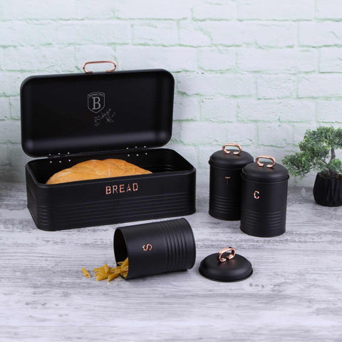Product image of Bread box with 3pcs canister set. Part of the Black Rose Collection . Features: • Material: carbon steel • Bread box 42,5*23*16 cm • Sugar canister Ø11,5*15-19 cm • Tea canister Ø11,5*15-19 cm • Coffee canister Ø11,5*15-19 cm •.... (Studio view). Official Berlinger Haus product, boosted by Promintra sl.