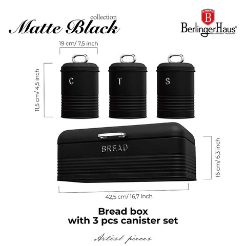 Product image of Bread box with 3pcs canister set. Part of the Black Vantage Collection/Matte Black Collection/Black Silver Collection . Features: • Material: carbon steel • Bread box 42,5*23*16 cm • Sugar canister Ø11,5*15-19 cm • Tea canister Ø11,5*15-19 cm • Coffee canister Ø11,5*15-19 cm •.... (Studio view). Official Berlinger Haus product, boosted by Promintra sl.