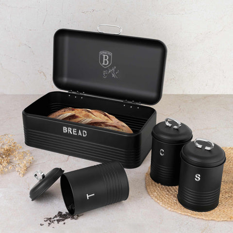 Product image of Bread box with 3pcs canister set. Part of the Black Vantage Collection/Matte Black Collection/Black Silver Collection . Features: • Material: carbon steel • Bread box 42,5*23*16 cm • Sugar canister Ø11,5*15-19 cm • Tea canister Ø11,5*15-19 cm • Coffee canister Ø11,5*15-19 cm •.... (Studio view). Official Berlinger Haus product, boosted by Promintra sl.
