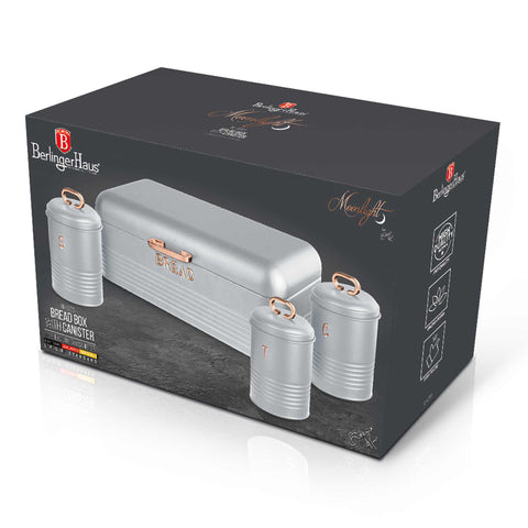 Product image of Bread box with 3pcs canister set. Part of the Moonlight Collection . Features: • Material: carbon steel • Bread box 42,5*23*16 cm • Sugar canister Ø11,5*15-19 cm • Tea canister Ø11,5*15-19 cm • Coffee canister Ø11,5*15-19 cm •.... (Studio view). Official Berlinger Haus product, boosted by Promintra sl.