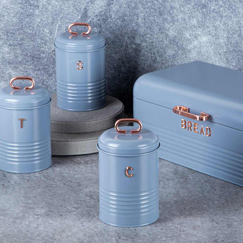 Product image of Bread box with 3pcs canister set. Part of the Moonlight Collection . Features: • Material: carbon steel • Bread box 42,5*23*16 cm • Sugar canister Ø11,5*15-19 cm • Tea canister Ø11,5*15-19 cm • Coffee canister Ø11,5*15-19 cm •.... (Studio view). Official Berlinger Haus product, boosted by Promintra sl.