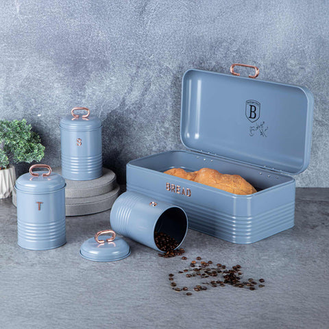 Product image of Bread box with 3pcs canister set. Part of the Moonlight Collection . Features: • Material: carbon steel • Bread box 42,5*23*16 cm • Sugar canister Ø11,5*15-19 cm • Tea canister Ø11,5*15-19 cm • Coffee canister Ø11,5*15-19 cm •.... (Studio view). Official Berlinger Haus product, boosted by Promintra sl.