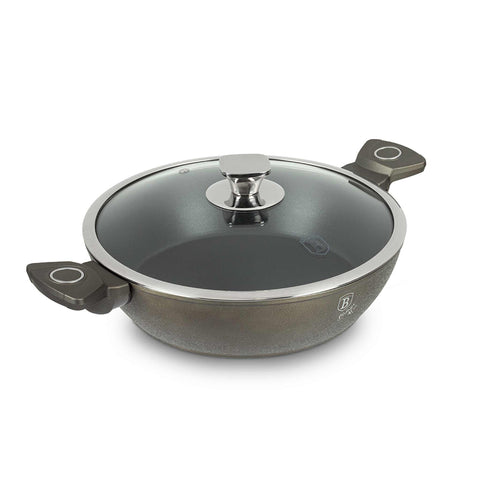 Product image of Shallow pot with lid 28cm. Part of the Crystal Collection . Features: • Material: forged aluminum with non-stick coating • Shallow pot with lid Ø28*7,5 cm 3,8L • Color: dark champagne REGISTERED DESIGN BY BERLINGER HAUS!. (Studio view). Official Berlinger Haus product, boosted by Promintra sl.