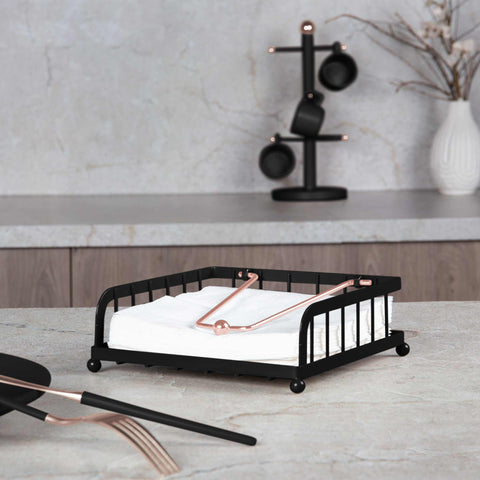Product image of Napkin holder. Part of the Black Rose Collection . Features: • Material: iron • Size: 18,5*18,5*6,2 cm • Color: black- rose gold. (Studio view). Official Berlinger Haus product, boosted by Promintra sl.