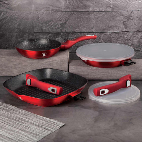 BH/6796, BH/1289NF, juego de 5 sartenes con mango desmontable, burdeos, rojo, juego de 5 sartenes, mango desmontable, utensilios de cocina inteligentes, sartén, juego de sartenes, sartén, juego de sartenes, sartén para parrilla, utensilios de cocina, cocina