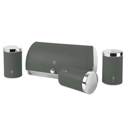 Product image of Bread box with 3pcs canister set. Part of the Matte Green Collection . Features: • Material: stainless steel • Include: • Bread box 38,5*28*18,5 cm • Sugar canister Ø11*17,8 cm • Tea canister Ø11*17,8 cm • Coffee canister Ø11*17.... (Studio view). Official Berlinger Haus product, boosted by Promintra sl.