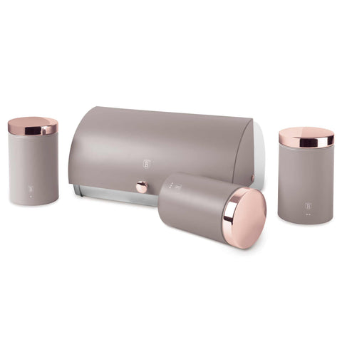 Product image of Bread box with 3pcs canister set. Part of the Taupe Collection . Features: • Material: stainless steel • Include: • Bread box 38,5*28*18,5 cm • Sugar canister Ø11*17,8 cm • Tea canister Ø11*17,8 cm • Coffee canister Ø11*17.... (Studio view). Official Berlinger Haus product, boosted by Promintra sl.